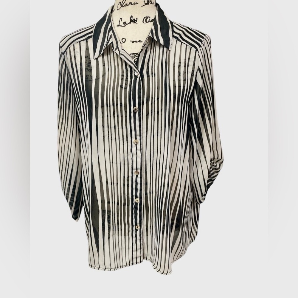 Dressbarn Black White Striped Button Down Blouse Women’s 1X Plus Size Semi Sheer